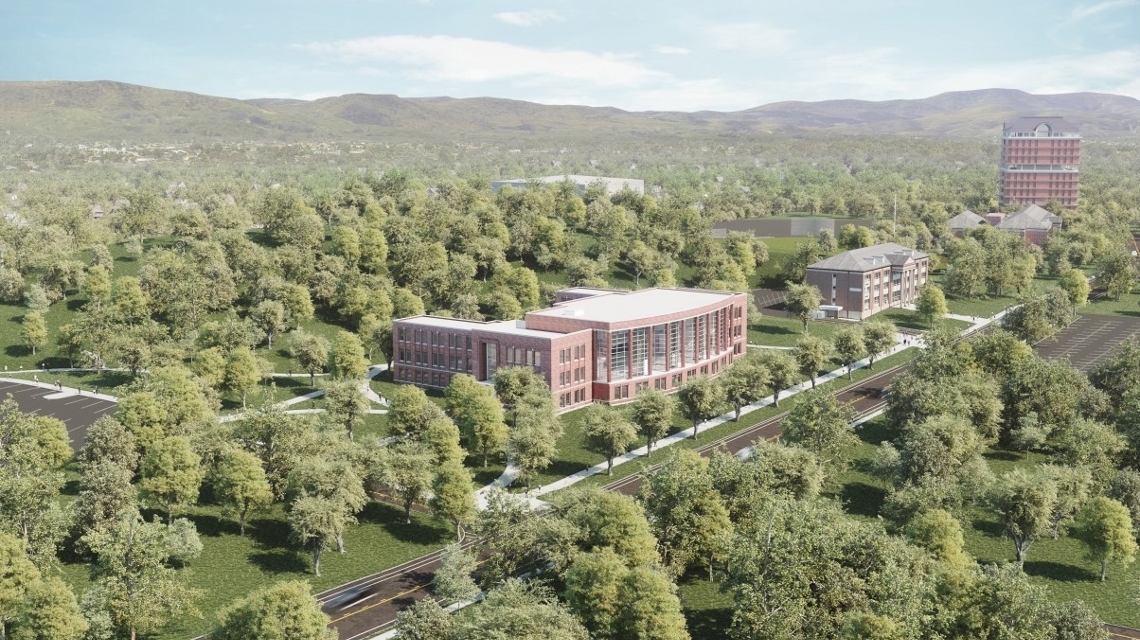 Architect's rendering of the aerial view of the new building
